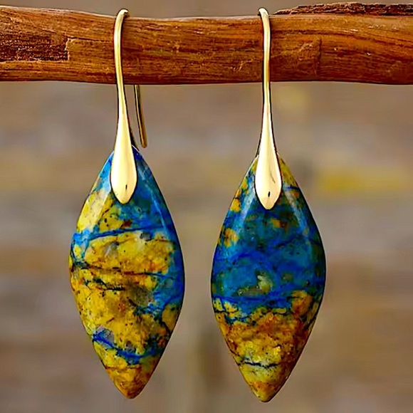 Blue and Brownn Jasper Leaf Earrings Dangle Natural Stone Drop Gift - Picture 1 of 3